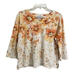 Alfred Dunner Floral Sequin Embellished 3/4 Sleeve Top Petite Large Orange